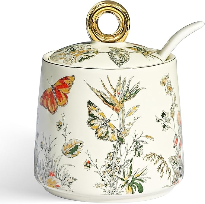 JUSONEY Ceramic Sugar Bowl with Lid and Spoon with Floral Pattern, Gold Trim - 7.5oz Elegant Suga... | Amazon (US)