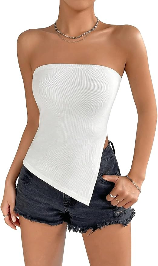 MakeMeChic Women's Asymmetrical Hem Split Tube Top Sleeveless Strapless Ribbed Tank Top | Amazon (US)