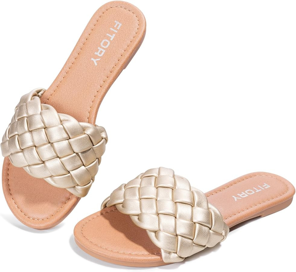 FITORY Womens Flat Sandals Fashion Round Open Toe Slip On Slides with Braided Strap Slippers for ... | Amazon (US)