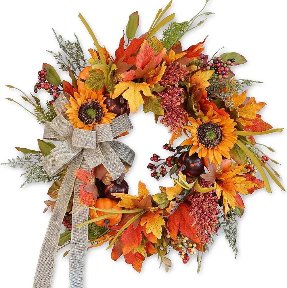 Fall Wreaths for Front Door, Sunflower Autumn Wreath, Pumpkins and Burlap Bows, for Halloween Chr... | Amazon (US)