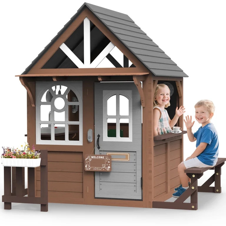 COCLUB Outdoor Playhouse, Wooden Playhouse for Kids Toddlers, Large Kids Playhouse with Bench/Fen... | Walmart (US)