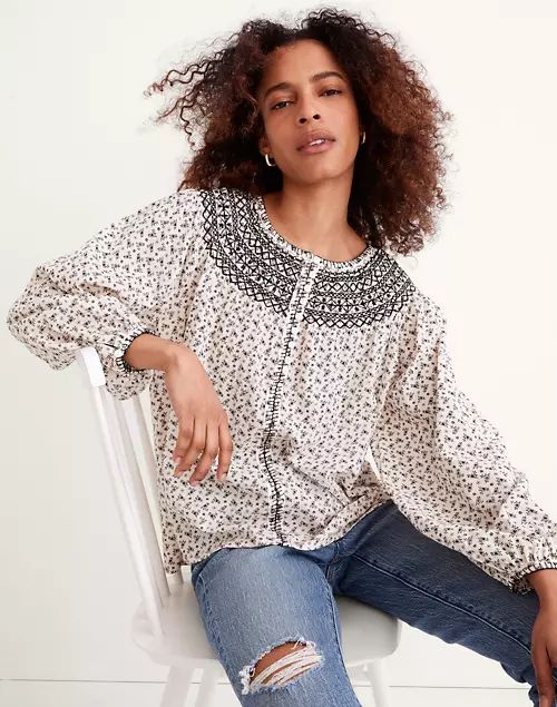 Embroidered Crinkle Cotton Button Top in Fresh Sprigs | Madewell