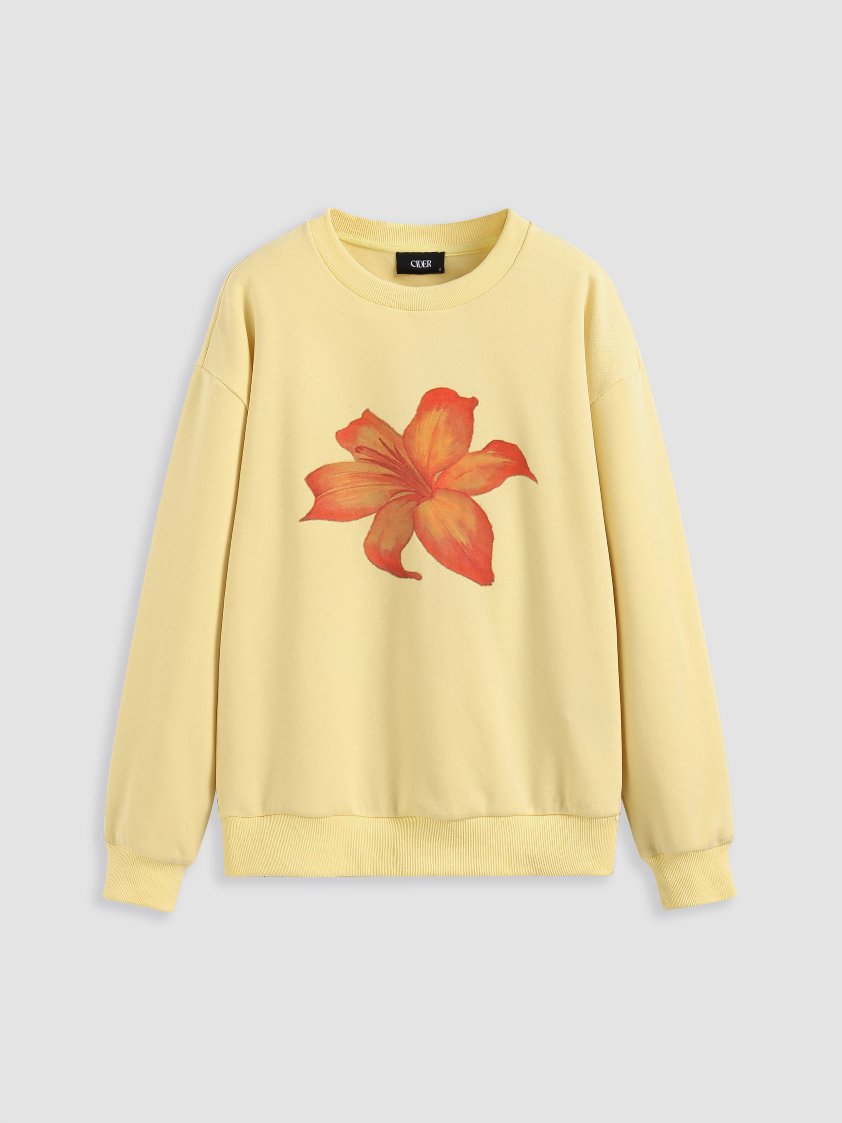 Knit Fabric Round Neckline Tropical Flower Oversized Sweatshirt For School | Cider