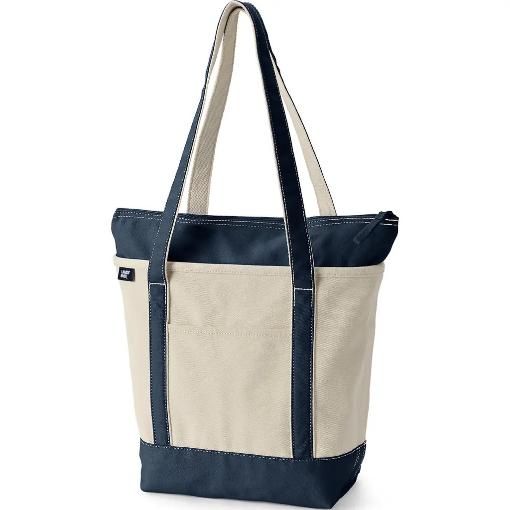 Lands' End Zip Top Long Handle Canvas Tote Bag in Natural/radiant Navy at Nordstrom, Size Large | Nordstrom