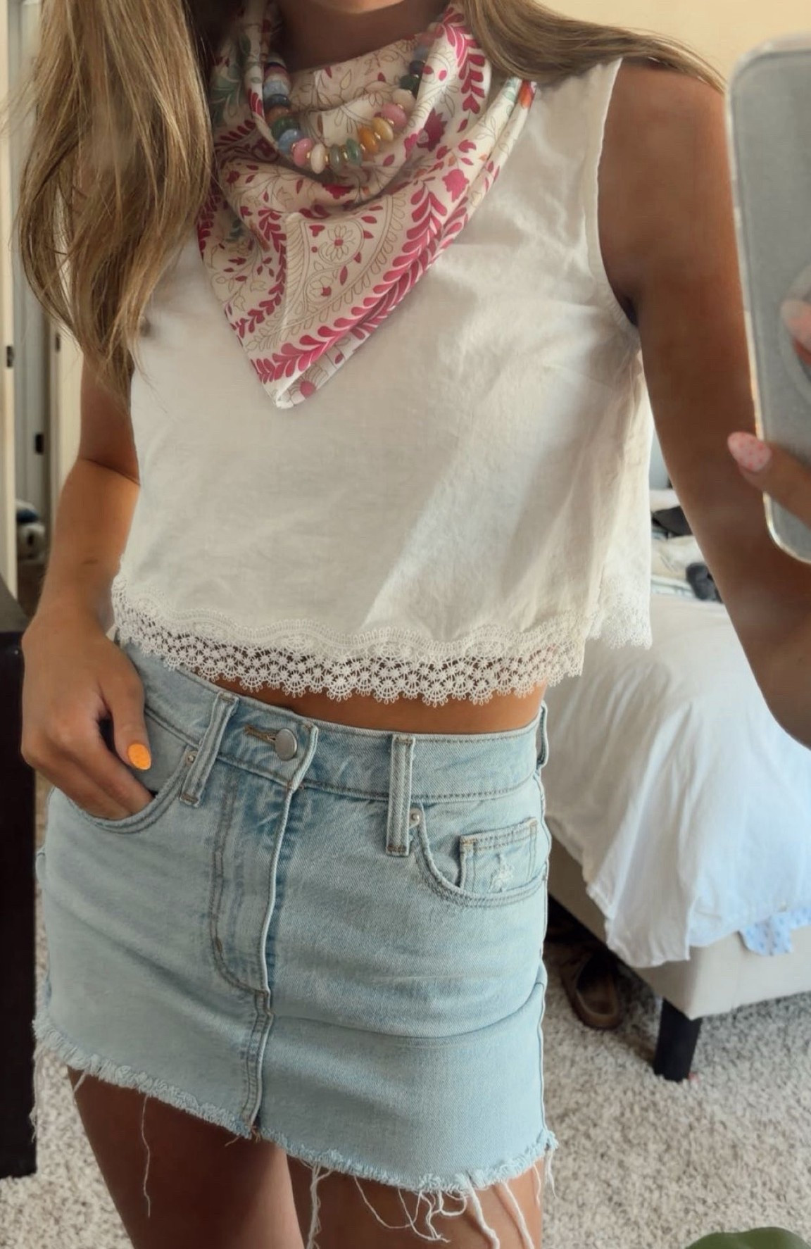The cutest summer outfit idea! You could wear this on a casual day, out to dinner, dress it up for a concert, and so much more! This lace bottom trim top is from GAP, it also sells a matching skirt! The jean skirt is simple from Amazon or target, and the accessories are my favorite part. This neck scarf ties around my neck is from shein, and the chunky necklace from Amazon! Everything about this outfit is cute, good quality, and super affordable. If you need a new summer outfit or some pieces of it, this is the outfit to chose from. I can't wait to wear it, and have already gotten compliments!

#LTKoutfitinspo #summerstyle #LTKGAP #LTKamazon #outfitinspo #countryconcertinspo #summerootd  

 #LTKdayinmylife #LTKootd #LTKU