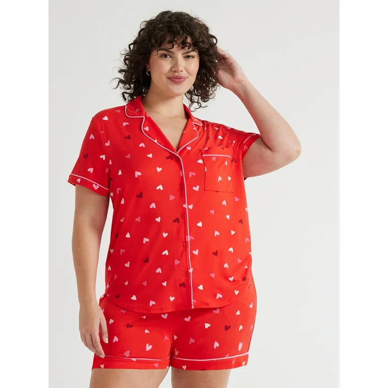 Joyspun Women’s Short Sleeve Notch Collar Top and Shorts Knit Pajama Set, 2-Piece, Sizes S to 3... | Walmart (US)