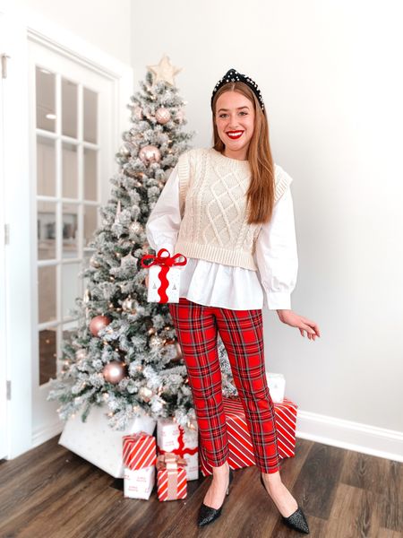 Sweater vest. Professional top. Plaid pants. Holiday outfit. Holiday party outfit. Sparkle heels. Statement headband  

#LTKHoliday #LTKunder100 #LTKworkwear