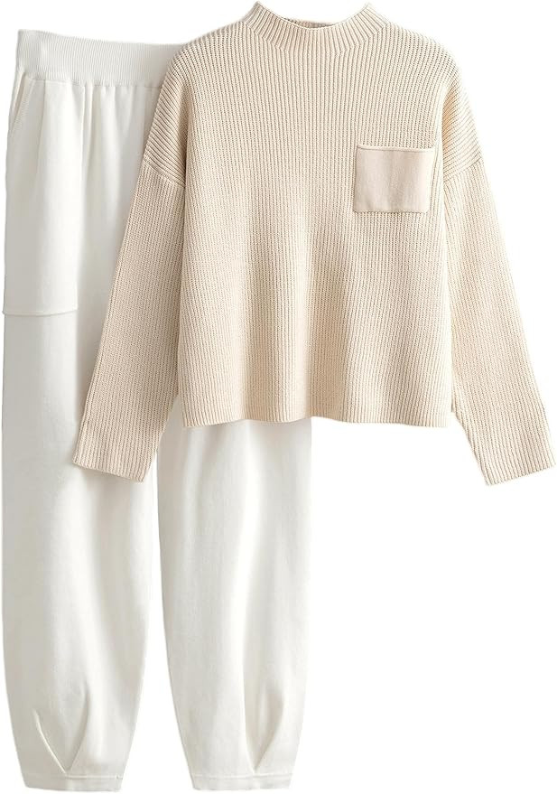 LTSCNRM Women's 2 Piece Outfits Lounge Sets Sweater Sets Long Sleeve Knit Tops Oversized Pants Tr... | Amazon (US)