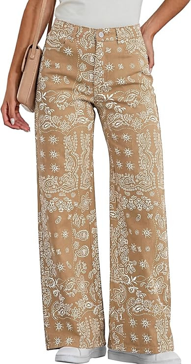 Tankaneo Womens Baggy Wide Leg Jeans Floral Print Boho High Waist Vintage Boyfriend Denim Pants w... | Amazon (US)
