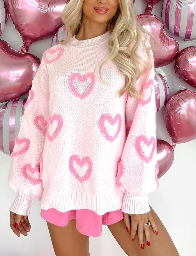 Women's Cute Heart Sweater Love Print Valentine Romantic Knitted Top Casual Crewneck Long Sleeve ... | Amazon (US)