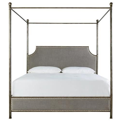 Arya French Grey Upholstered  Bronze Metal Nailhead Trim Canopy Bed - Queen | Kathy Kuo Home