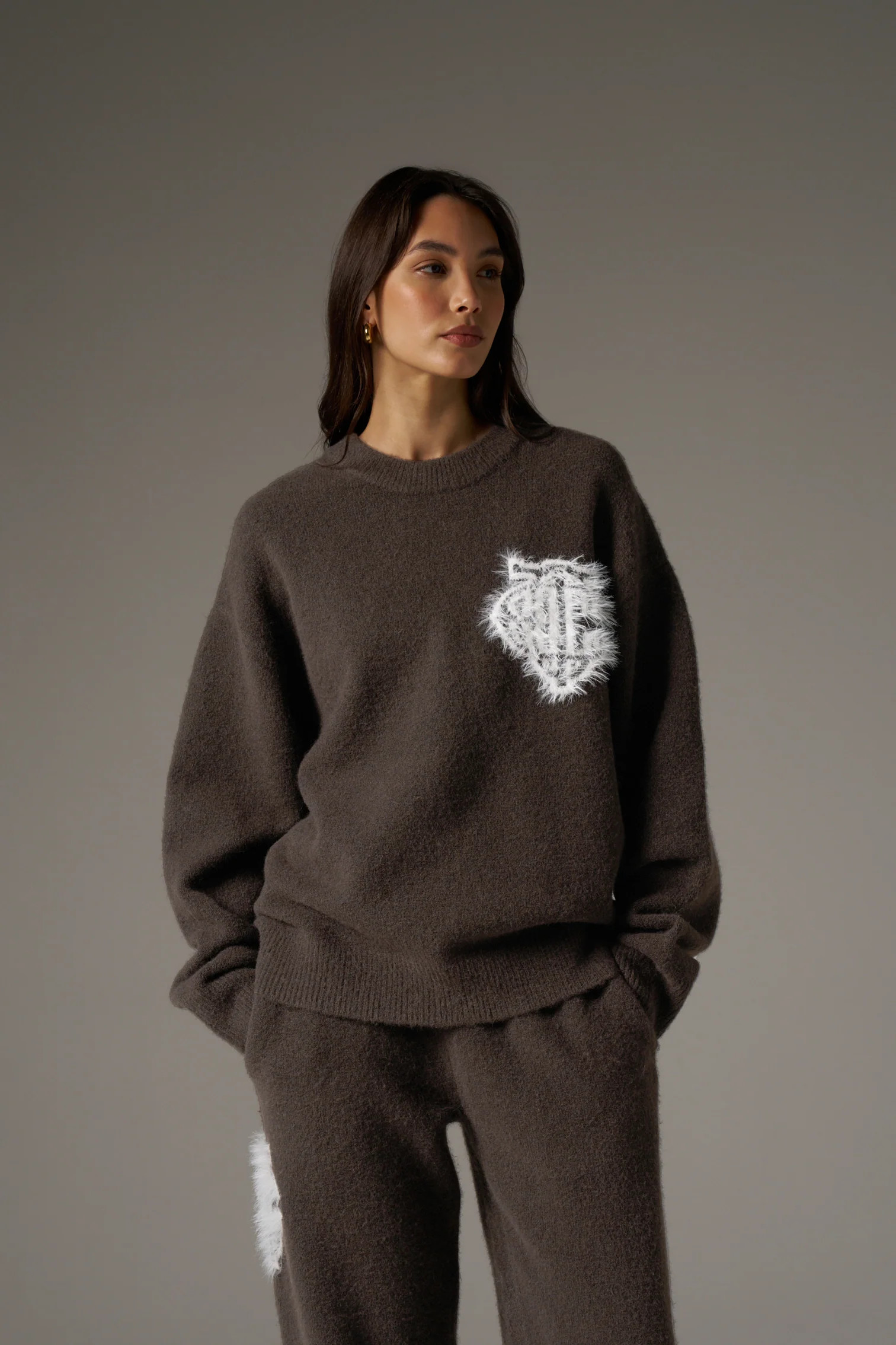 MONOGRAM FLUFFY KNIT CREW - BROWN | The Couture Club