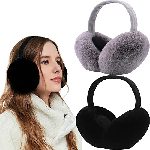Eyegla Womens Ear Muffs Adjustable Winter Earmuffs Fuzzy Ear Warmers,Black/Grey,2 Pack | Amazon (US)