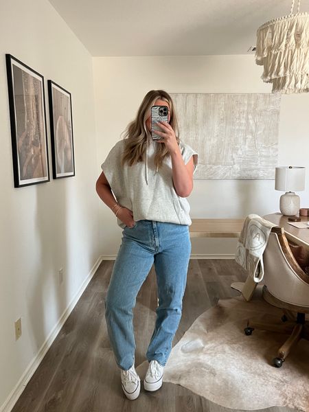 todays casual mom ootd! Love these straight jeans + sleeveless hoodie! Styled with platform converse too 

hoodie is sold out but linking similar! 

#LTKFind #LTKstyletip #LTKSale