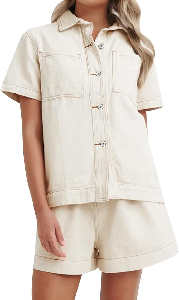 Kedera Summer Denim Set for Women 2 piece Casual Short Sleeve Boxy Shirt Tops and Shorts Pants Lo... | Amazon (US)