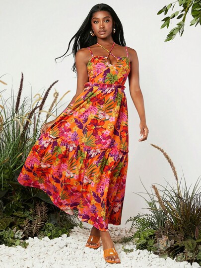 SHEINNeu Tropical Print Ruffle Hem Cami Dress | SHEIN