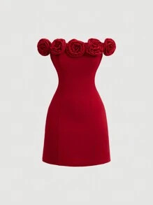 SHEIN MOD Women's Off-Shoulder Solid Red Dress With 3d Flowers | SHEIN