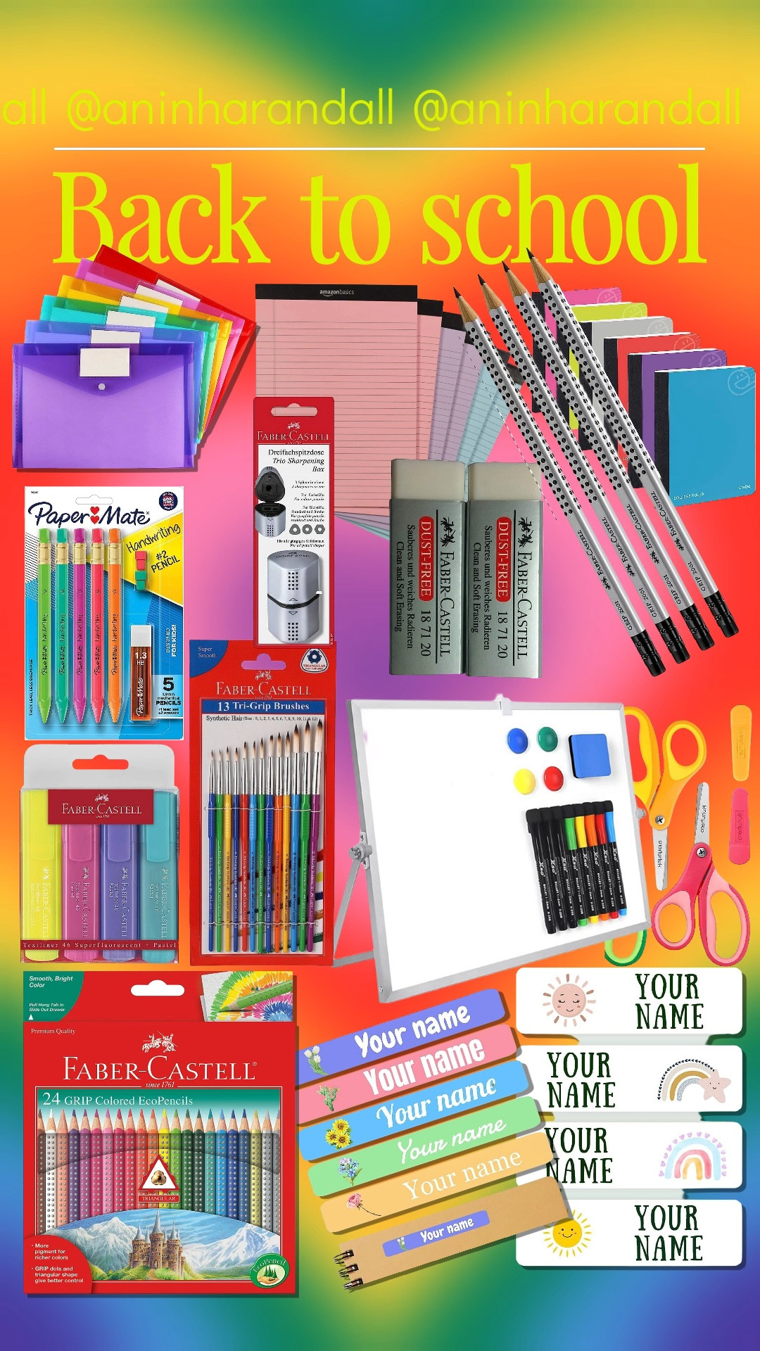Back to school | Faber Castell | Brush set | Document folder | Note Pad | Composition Notebook | Erase White board | Pencil set | Pencil sharpener | Highlighter pens | Gel pens | Eraser | Scissors | Personalized name labels | Name labels | Faber Castell set 

#LTKfamily #LTKkids