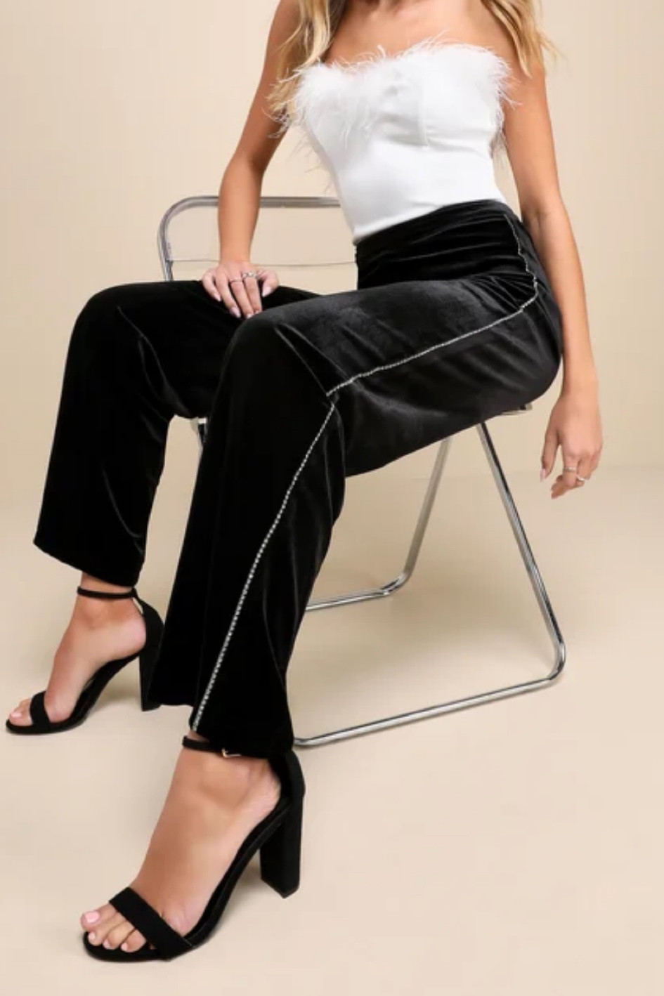 Rhinestone black velour pants 

#LTKU #LTKstyletip #LTKparties