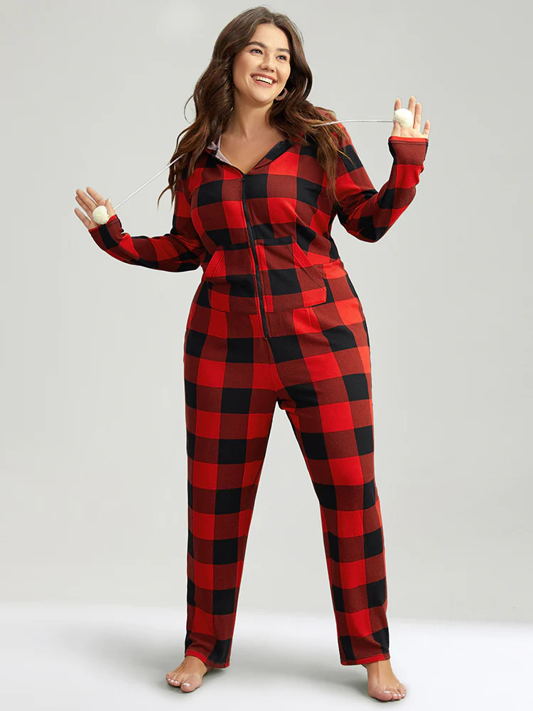 Plaid Zipper Hooded Fluffy Ball Pocket Sleep Jumpsuit | Bloomchic