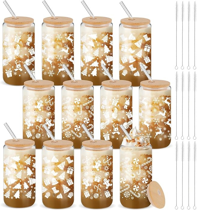12 Set Christmas Glass Cups Gift 16Oz Winter Xmas Drink Glasses with Lid Straw Snowman Snowflake ... | Amazon (US)