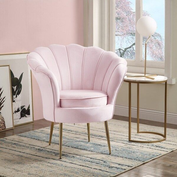 Angelina Velvet Scalloped Back Barrel Accent Chair with Metal Legs - Pink | Bed Bath & Beyond