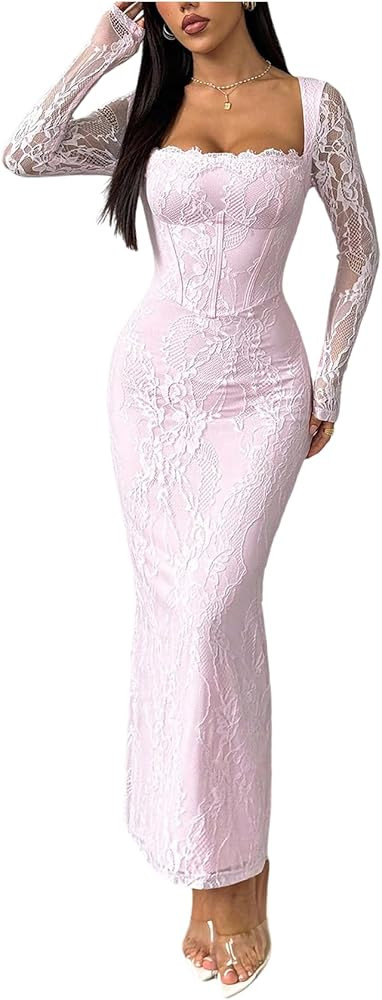 OYOANGLE Women's Floral Lace Slit Back Fishtail Long Dress Square Neck Cocktail Bodycon Dresses | Amazon (US)