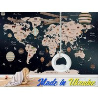 Kids Map Wallpaper World Famous Icons Animals Wall Mural Educational Continent World Peel & Stick Soft Political | Etsy (US)