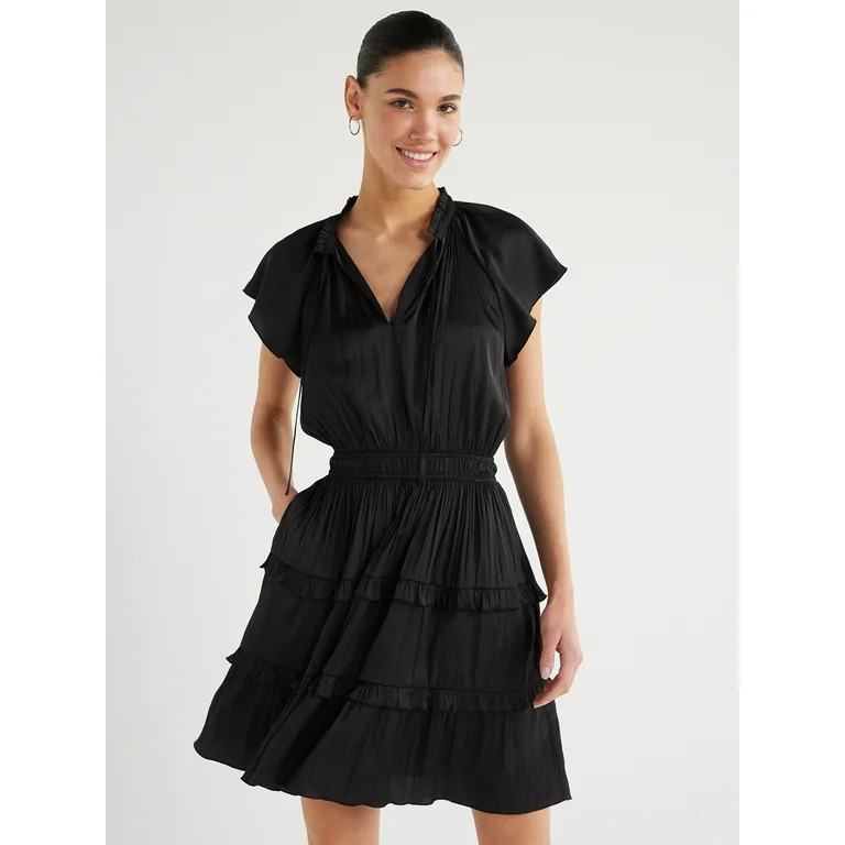 Scoop Women's Satin Mini Ruffle Dress with Cap Sleeves, Sizes XS-XXL | Walmart (US)