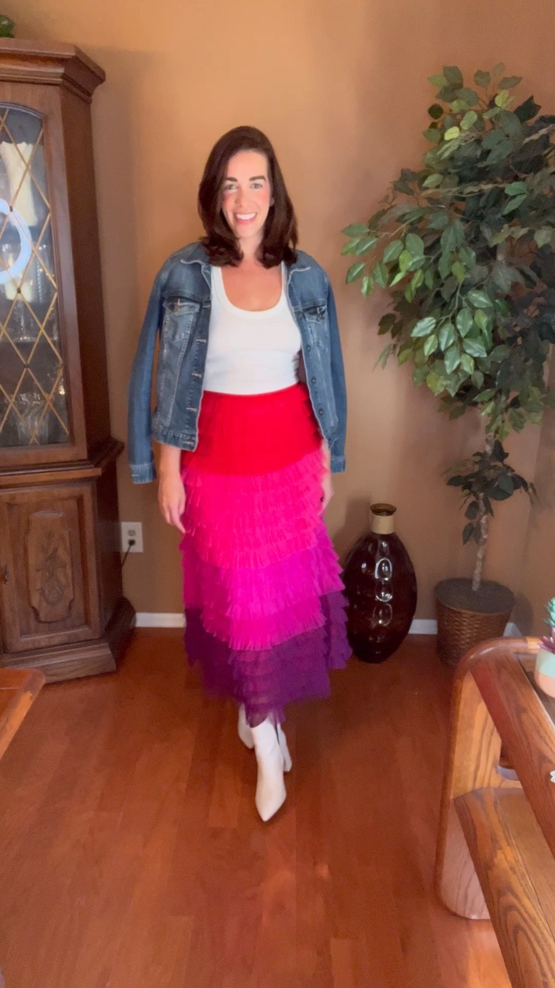 White cami (size small). Denim jacket (size 4). Ruffle tiered ombré maxi skirt (size small). White boots (size 8.5). #falloutfit #falltransitionoutfit #falltransition #denimjacket #jeanjacket #whitetank #whitecami #skirt #maxiskirt #ruffleskirt #tieredskirt #boots #whiteboots #booties 
Fall Outfit 

#LTKSeasonal #LTKStyleTip #LTKFindsUnder100