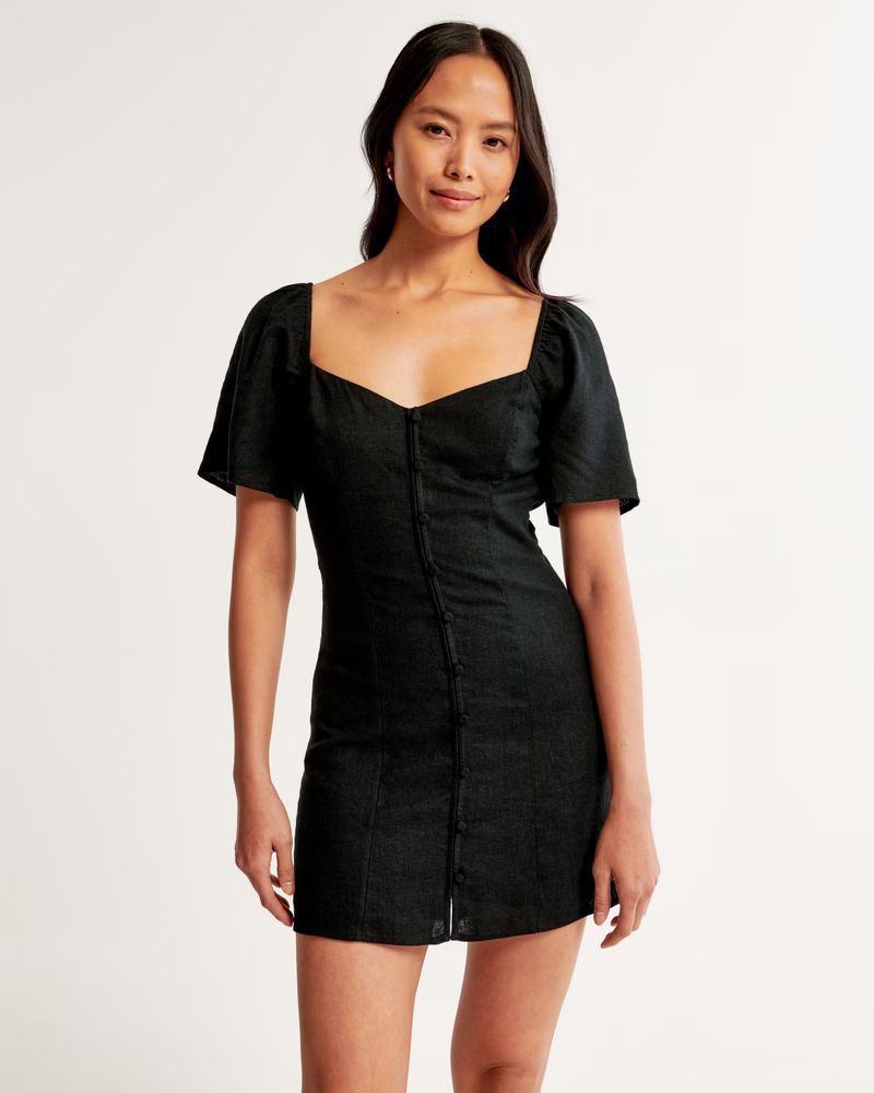 Women's Linen-Blend Button-Through Mini Dress | Black Mini Dress | Little Black Dress | Abercrombie & Fitch (US)