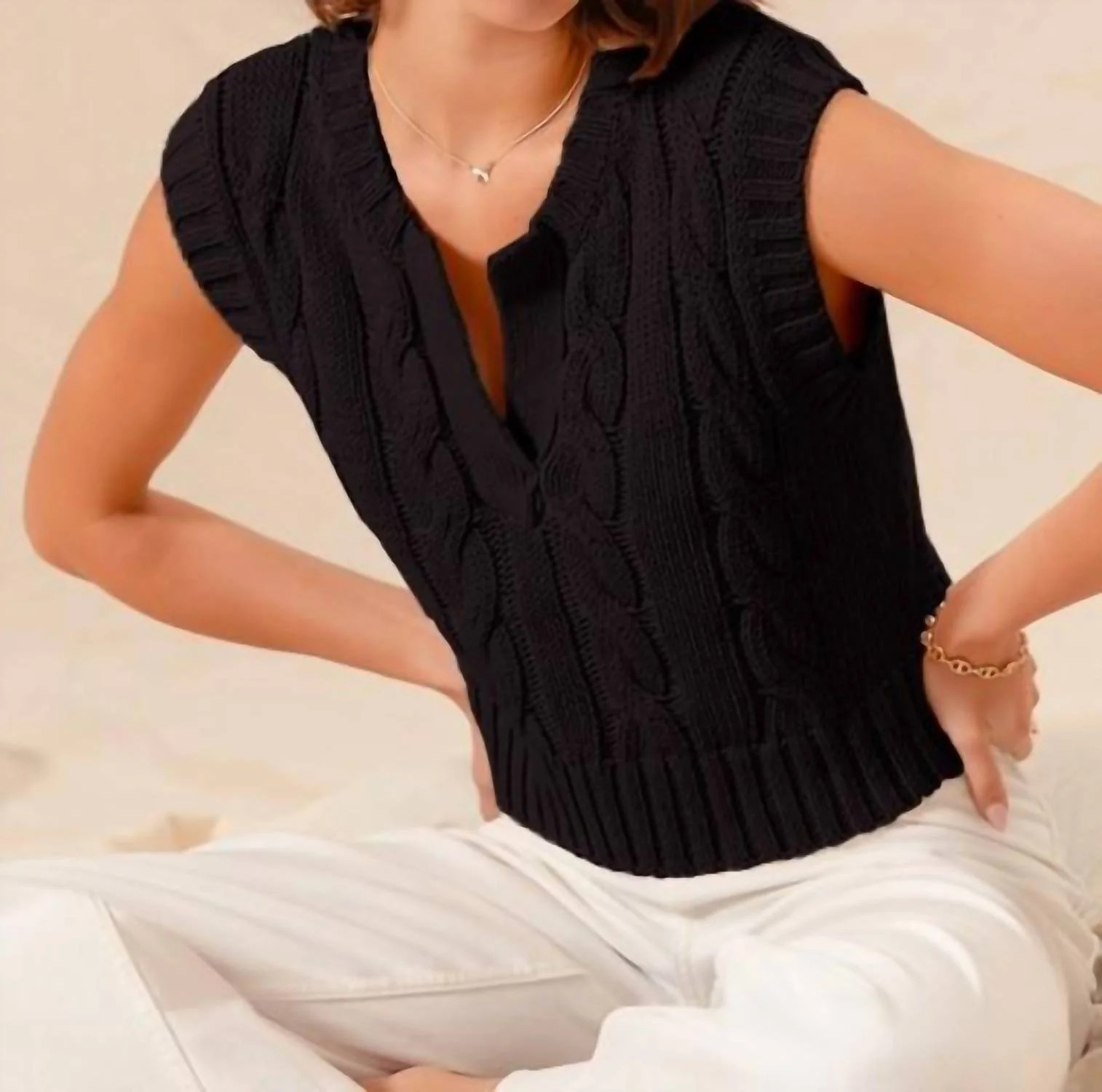 Notched Neck Cable Knit Sweater Vest In Black | Shop Simon