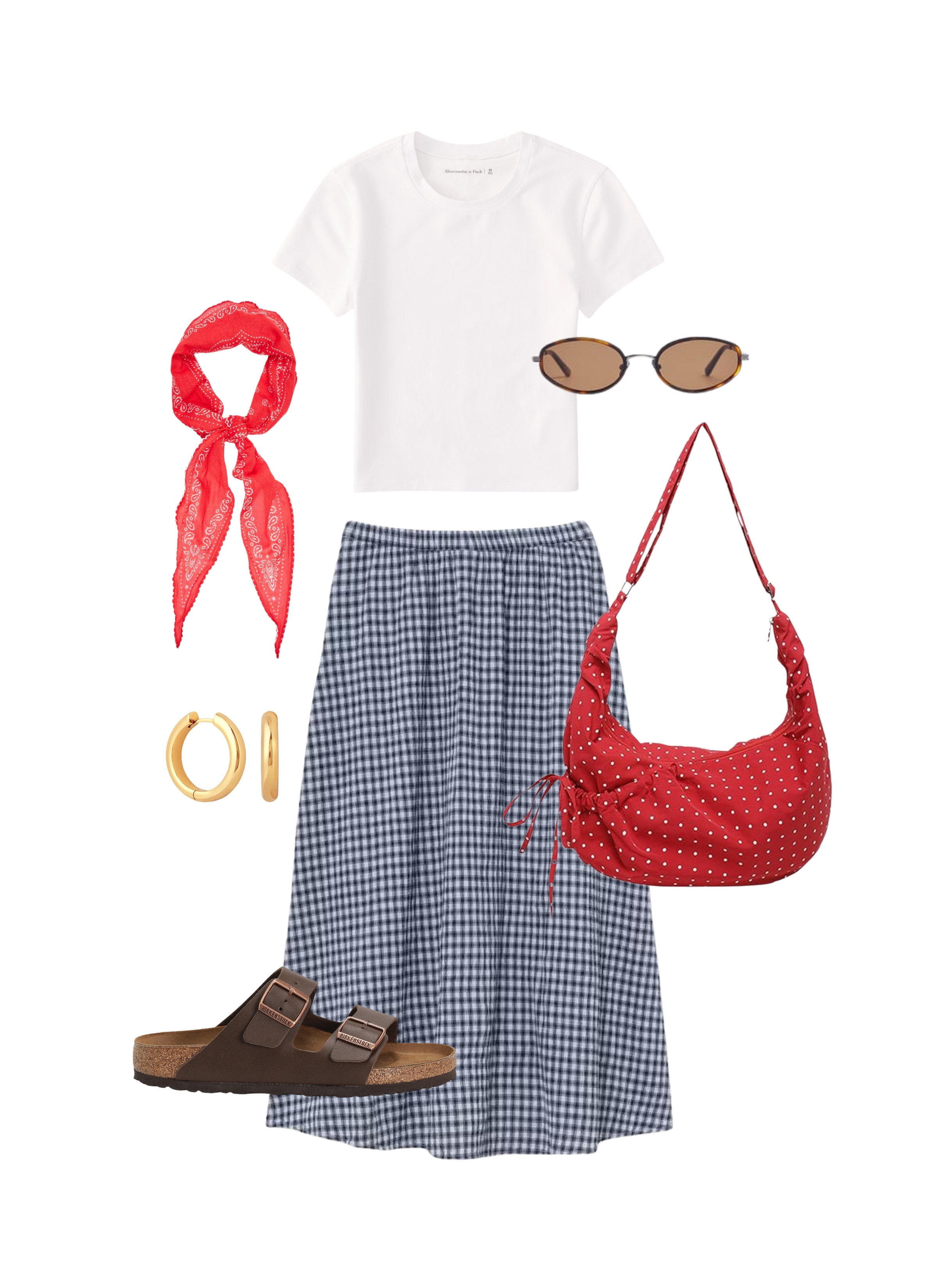 Summer maxi skirt outfit check. Gingham skirt with baby tee, Birkenstock sandals, and a pop of red headscarf and bag 

 #LTKsummer #LTKfestival #LTKstyletip