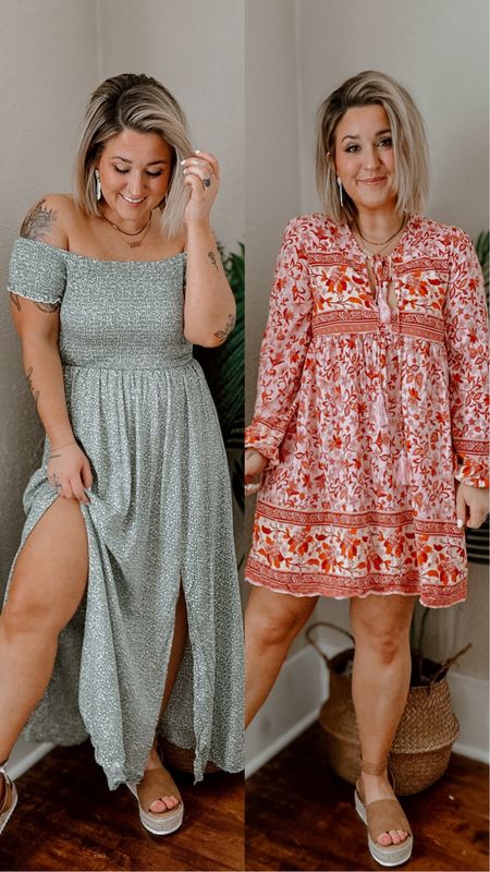 Spring occasion dresses from amazon! Two spring dress options. Green floral maxi dress and pink mini paisley print. Pink runs small. Green runs TTS. Spring wedding guest. Spring bridal shower. Spring vacation. 

#LTKSeasonal #LTKFind #LTKwedding