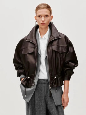 Lapel Collar Drawstring Pocket Leather Look Bomber Jacket | Urban Revivo
