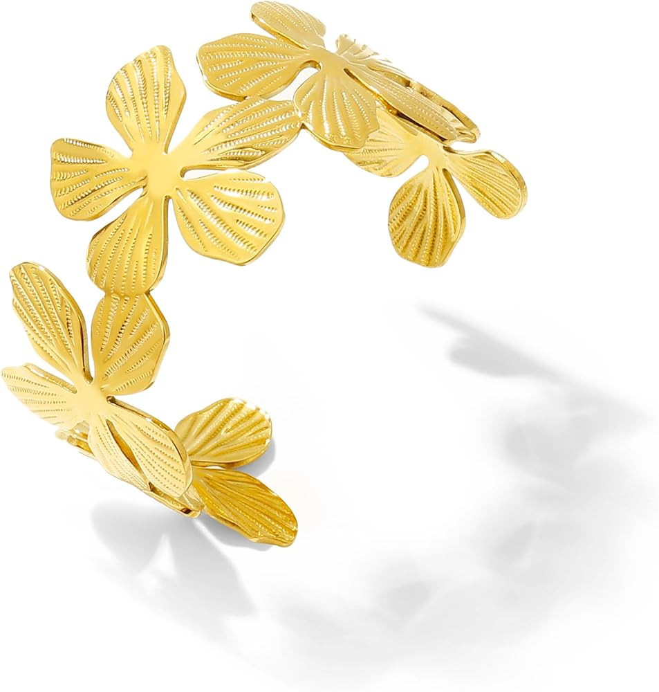 Badu Chunky Gold Cuff Bracelets for Women Vintage Gold Stainless Steel Flower Bracelet Trendy Boh... | Amazon (US)