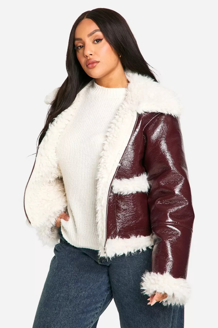 Plus Vinyl Faux Fur Trim Jacket | boohoo (US & Canada)