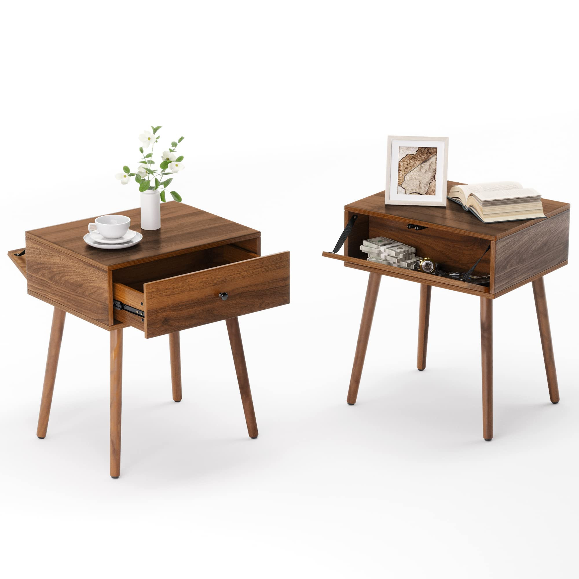 Hidden Compartment Nightstands, Concealment Furniture Mid Century Bed Side Table with Drawer, Hidden Storage End Table for Bedroom Living Room (1, Walnut Color) | Amazon (US)