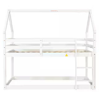URTR Twin Over Twin Size Wooden White Bunk Bed with Roof and Ladder, House Bunk Bed Frame for Kids,  | The Home Depot