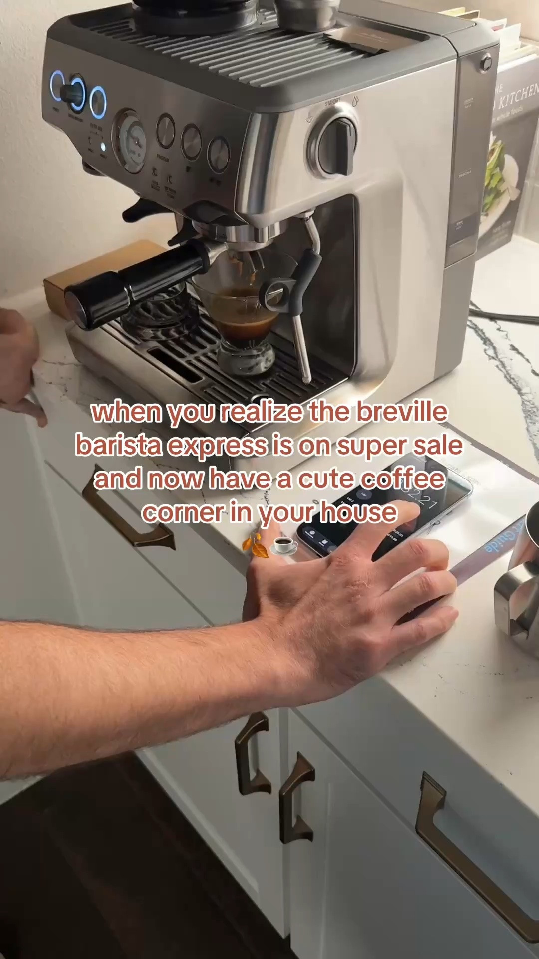 Soooo the Breville Barista Express is $200 off right now and i may have just built myself the cutest little coffee corner because of it 😭☕️ 

honestly this machine has been such a game changer - we’re making lattes at home every single morning and it's so good. like why were we spending $7 at Starbucks  for one coffee every day lol

andddd it makes the most perfect home espresso — it's def one of those things where you wonder how you lived without it. also filing this away as the best christmas gift for him because he would absolutely lose it over this!!

if you’ve been wanting an espresso machine or are starting to look for Christmas gifts, go get this while it's on sale! #giftguide #holidaygifts #christmasgifts #home #coffee #lattes