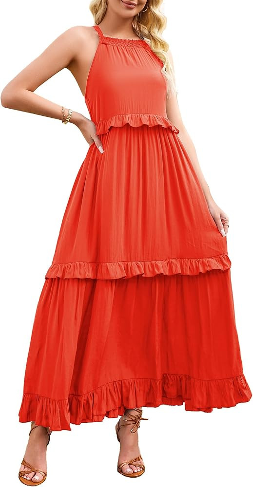 SDEER Women's Halter Sundress Sleeveless A Line Tiered Flowy Swing Beach Ruffle Maxi Dresses | Amazon (US)
