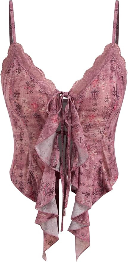 CIDER Going Out Tops for Women Y2K Tie Front Asymmetrical Ruffle Hem Lace Spaghetti Strap Cowgirl... | Amazon (US)