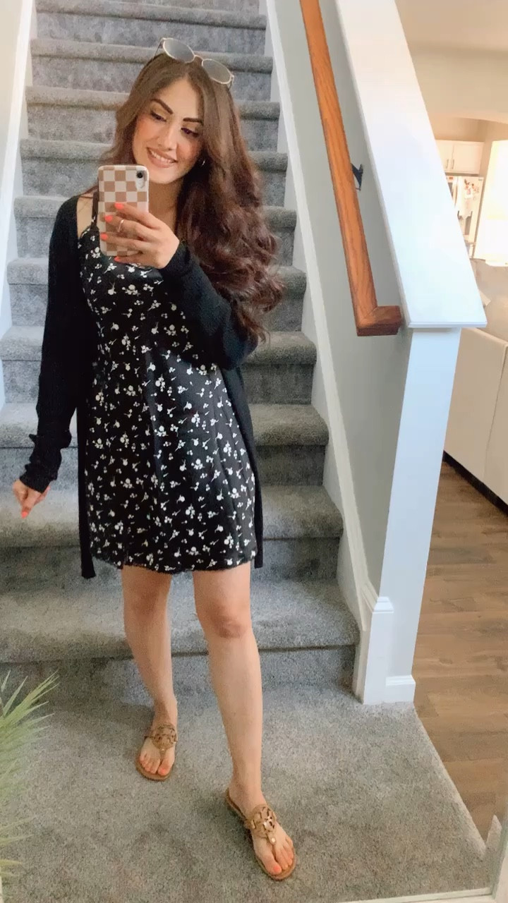 Black floral mini slip dress
Black long ribbed cardigan 
Tory Burch Miller sandals 
Gold rimmed sunglasses

#LTKFind #LTKstyletip #LTKSeasonal