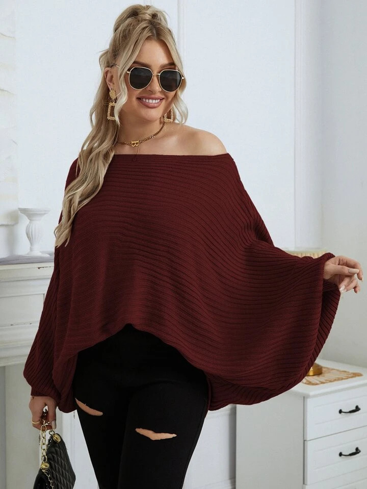 SHEIN Privé Plus Dolman Sleeve Ribbed Knit Sweater | SHEIN