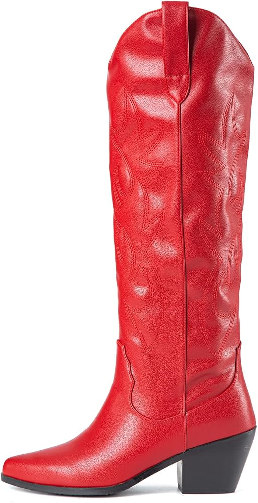 ZXHYZLZ Women's Cowboy Boots Knee High Seam Mid Heel Block Heel Almond Pointed Toe Fashion Classi... | Amazon (US)