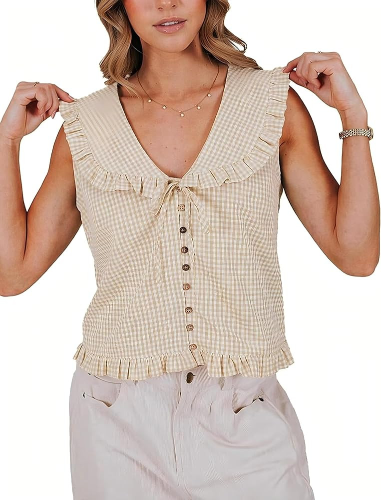 Women's Gingham Ruffled Sleeveless Blouse - Summer Casual Button Down Shirts for Work Travel Dail... | Amazon (US)