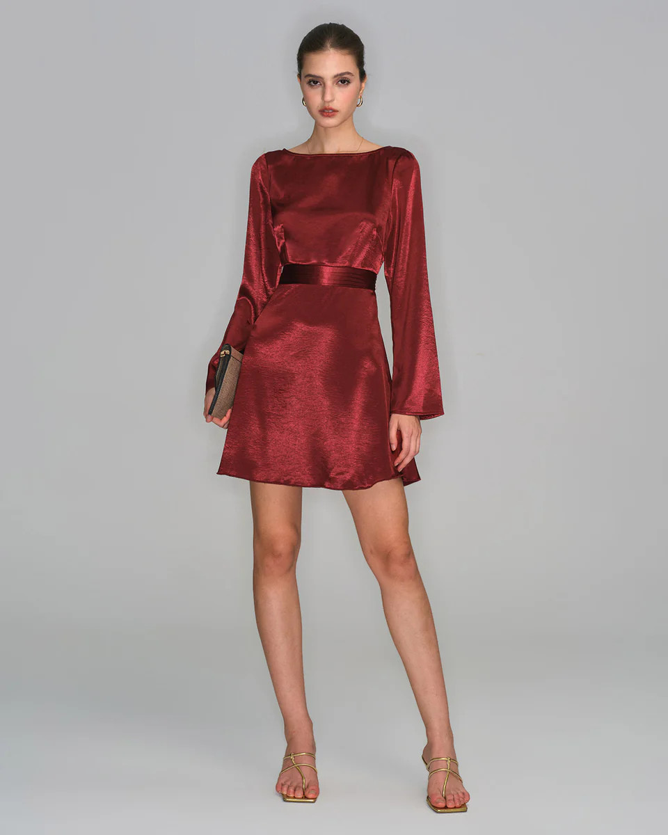Wine Red Satin Bell Sleeve Mini Dress | rihoas.com