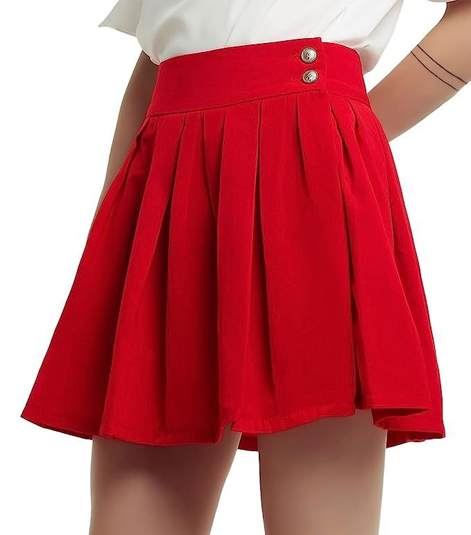 chouyatou Women's Double Waist Side Buttons Pleated Skirt | Amazon (US)