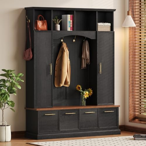 Amazon.com: Merax 59" Farmhouse Hall Tree with Golden Hooks & Walnut Bench, Entryway Organizer wi... | Amazon (US)