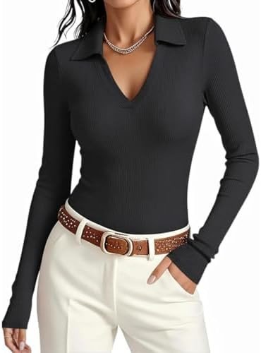 Womens Long Sleeve V Neck Polo Shirts Business Casual Collared Work Top Slim Fitted Basic 2025 Fa... | Amazon (US)